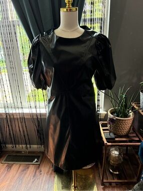 Endless Rose Black Faux Leather Puff-Sleeve Mini Dress